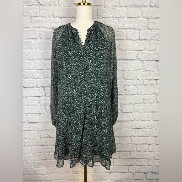 JOIE Green & White Arctic Animal Print Chiffon Balloon Sleeve Dress size Large - Picture 2 of 8